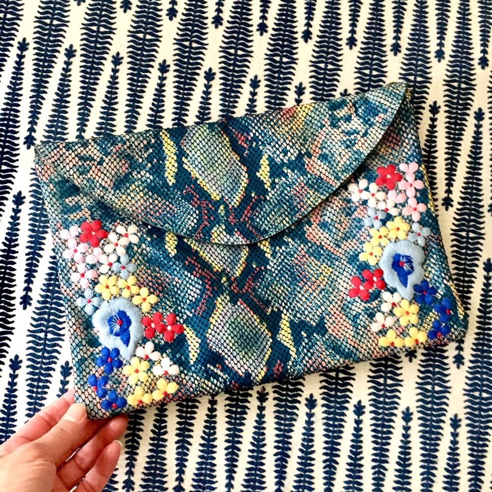 Anthropologie faux Snake skin clutch
